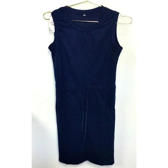 La Mode Womens Navy Blue Sleeveless Draw String Cotton Blend Dress Small NWT - Picture 1 of 13